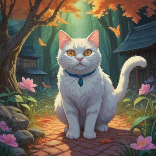 A serene illustration of a cat approaching, mystical symbols surrounding it, gentle aura radiating from the cat, calm and peaceful atmosphere, soft glowing light, natural environment with lush greenery, ethereal motifs in the background, harmonious color palette, 4k