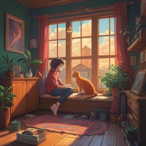 A charming scene of a person sitting in a cozy room, surrounded by playful cats, vibrant colors, warm sunlight streaming through the window, lucky charms scattered around, a feeling of joy and companionship, whimsical atmosphere, intricate details in the cats' fur and expressions, 4k