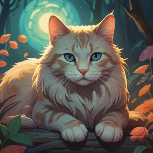 A serene scene depicting a cat peacefully resting beside an ethereal light, representing the spiritual connection, soft glowing aura enveloping the cat, symbolic elements like floating feathers and gentle orbs of light, tranquil surroundings of a garden at twilight, warmth and love radiating through the atmosphere, mystical yet comforting vibes, 4k