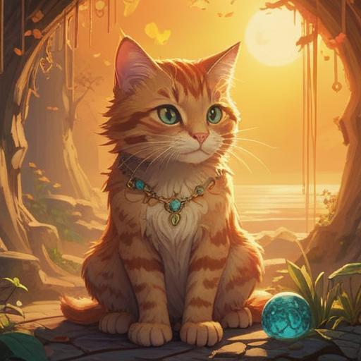 A serene scene depicting a cat surrounded by ethereal light, symbolic representations of the 49-day spiritual journey, soft golden hues, gentle aura, peaceful atmosphere, subtle signs of good fortune, delicate floral motifs, hints of spiritual symbolism, 4k