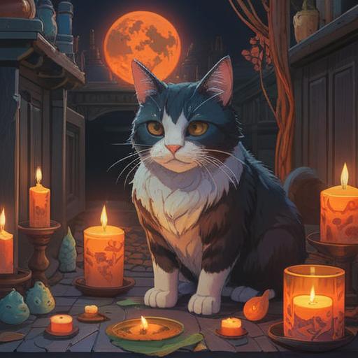 A serene scene depicting a cat's 49th day journey, symbolic spiritual signs around, candles and incense, soft glowing light, gentle aura, ethereal presence, comforting ambiance, nature elements like flowers and leaves, harmonious colors, peaceful reflection, 4k