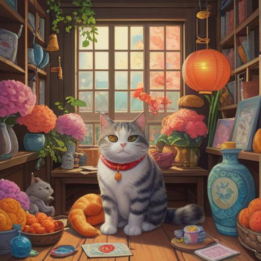 A serene illustration of a cat peacefully entering its 49th day, surrounded by lucky items like a lucky cat figurine, fresh flowers, and glowing candles, gentle pastel colors, tranquil atmosphere, beautifully detailed elements representing good fortune, softly illuminated background, heartwarming scene, 4k