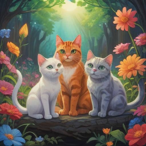 Three cats in a serene, mystical setting, each exhibiting unique spiritual qualities, soft ethereal glow around them, surrounded by vibrant flowers and wisps of energy, tranquil atmosphere, a full moon illuminating the scene, intricate details in fur patterns, gentle expressions, enchanting and calming vibes, 4k