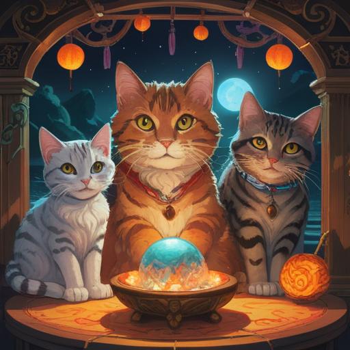 A spiritual scene featuring three cats, each with unique markings symbolizing good fortune, surrounded by glowing orbs of light, an ethereal atmosphere, soft pastel colors, mystical aura, nature elements like flowers and trees in the background, serene expressions on the cats' faces, harmonious composition, 4k