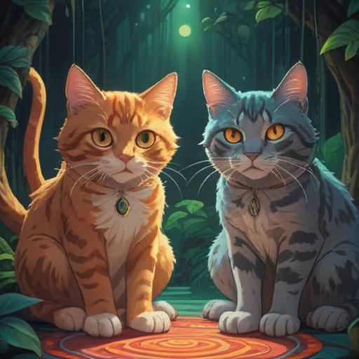 Three cats appearing together, spiritual signs of intuition and change, symbolism of mystery and independence, tranquil environment with soft lighting, energy of unity and protection, serene expressions on the cats, elements of nature surrounding them, subtle hints of mysticism, ethereal atmosphere, 4k