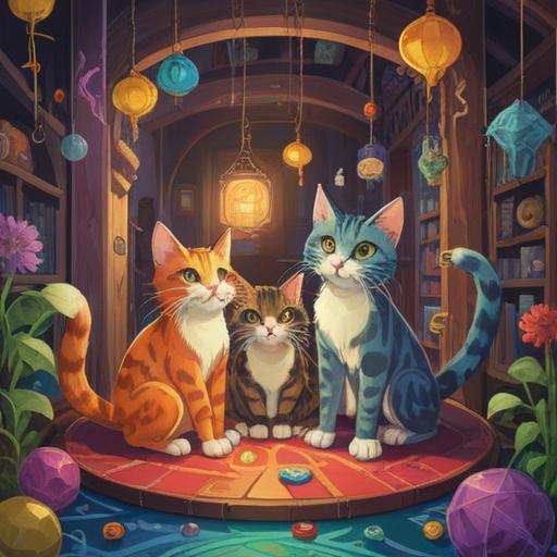 A charming illustration of three cats playfully interacting, bright and whimsical setting, lucky charm items scattered around, vibrant colors, inviting atmosphere, detailed feline expressions, enchanting background, sense of joy and serendipity, 4k