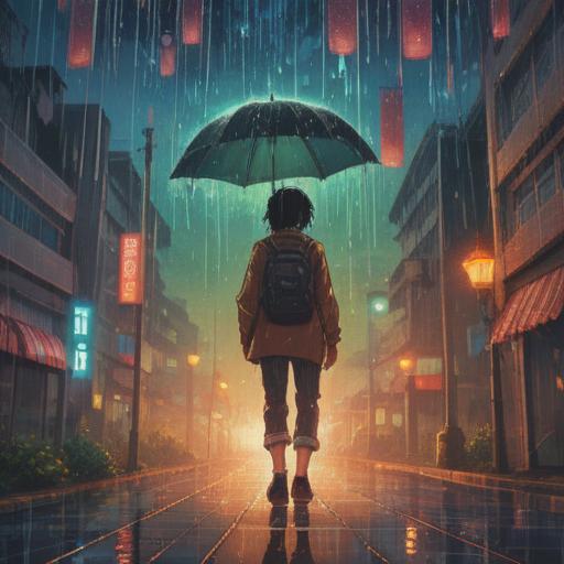 A mystical illustration showcasing a person standing under a gentle rain, shimmering droplets symbolizing spiritual connection, ethereal glow surrounding them, representation of vulnerability and sensitivity, lush green nature in the background, serene facial expression conveying inner peace, soft light filtering through clouds, harmonious atmosphere, 4k