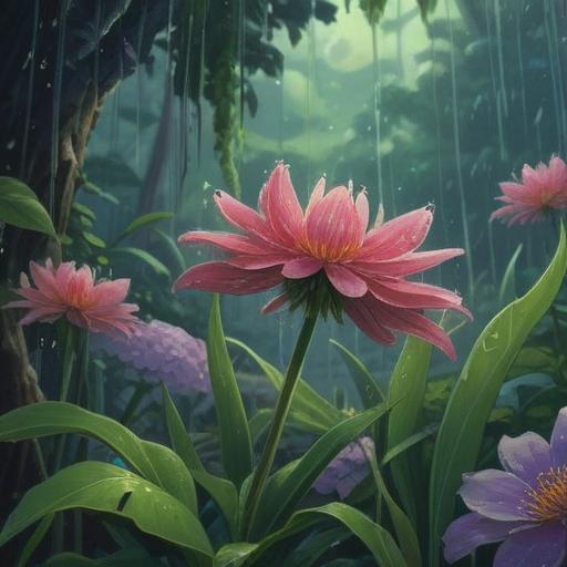 A serene and mystical landscape depicting a raindrop gently falling on a vibrant flower, symbolizing spiritual renewal, lush greenery, a soft glow illuminating the scene, ethereal atmosphere, calming colors, interconnected nature, spiritual significance, 4k