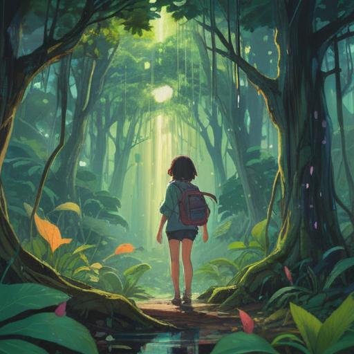 A serene illustration depicting a person standing in a lush forest, noticing droplets of water falling from leaves, gentle light filtering through the trees, a subtle aura surrounding the figure, symbols of intuition and awareness in the air, calming atmosphere, vibrant colors, nature's connection, 4k