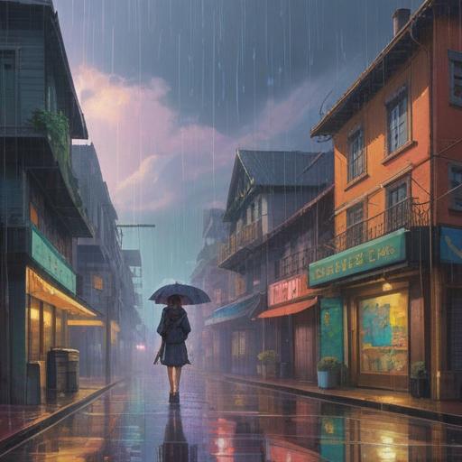 A serene image depicting a rainy day, vibrant droplets cascading down, a rainbow appearing in the sky, a series of lucky numbers floating gracefully in the air, lush green surroundings, a sense of tranquility and hope, bright colors, 4k