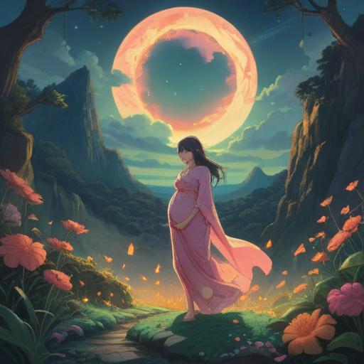 A spiritual representation of the experience of being mistaken for a pregnant woman, a serene landscape, ethereal light, symbols of fertility and motherhood, soft and warm colors, an abstract figure embodying transformation and growth, gentle floral motifs, cosmic elements in the background, calming atmosphere, 4k