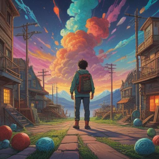 A surreal illustration depicting a person standing at a crossroads, surrounded by unexpected objects representing life lessons, colorful symbolic imagery, a vibrant sky reflecting emotions, diverse characters sharing stories, a whimsical landscape, thought-provoking atmosphere, 4k