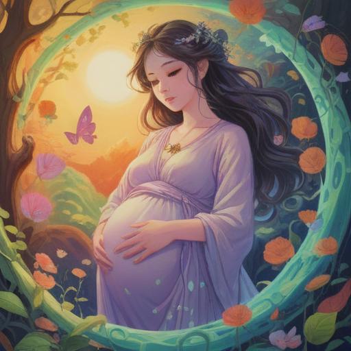 A serene and spiritual illustration of a pregnant woman, surrounded by ethereal light, symbols of fertility and growth, soft pastel colors, gentle expressions, nature elements like flowers and trees, peaceful ambiance, glowing aura, a sense of connection with the universe, depicting the sacred journey of motherhood, 4k