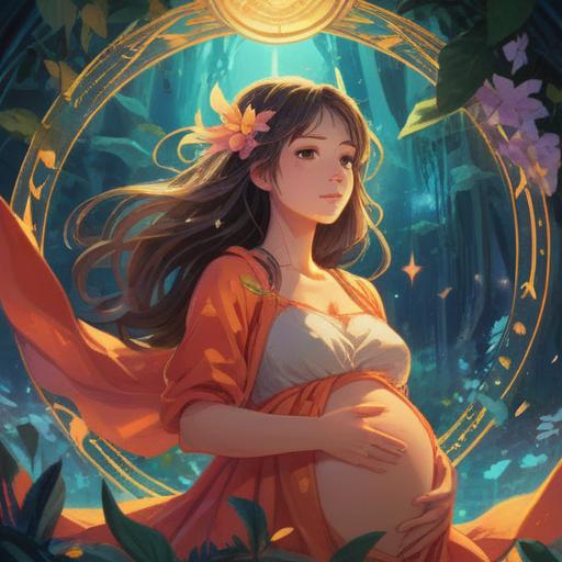 A serene and spiritual illustration of a pregnant woman surrounded by radiant light, symbolizing positive energy and good signs, gentle nature scenery in the background, soft pastel colors, ethereal glow, nurturing and caring expression, harmonious connection with nature, calm and peaceful atmosphere, high resolution, uplifting vibes