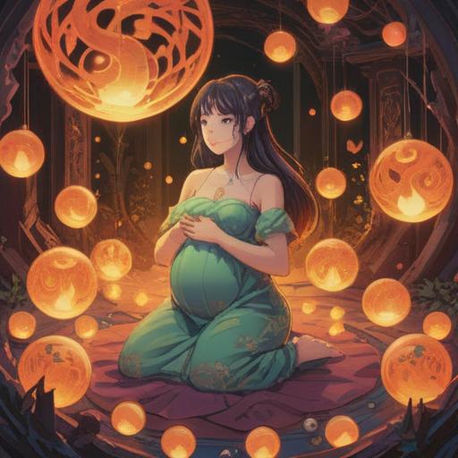 A serene and uplifting illustration of a pregnant woman surrounded by soft, glowing orbs of light, symbolizing spiritual signs, peaceful expression, gentle nature setting, vibrant flowers and flourishing trees, ethereal atmosphere, harmonious energy flow, subtle symbolism, 4k