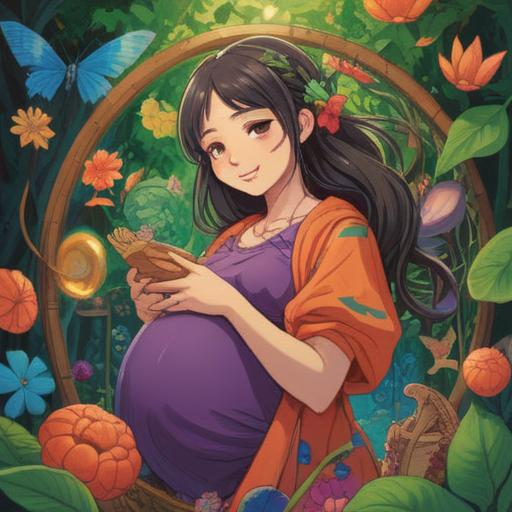 A cheerful and vibrant illustration of a pregnant woman, radiating joy and positivity, surrounded by lucky items such as a four-leaf clover, a lucky cat, and colorful balloons, sunny park setting, warm sunshine filtering through trees, soft grass underfoot, gentle breeze flowing, capturing the essence of luck and happiness, 4k