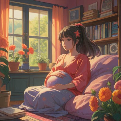 A serene and warm illustration of a pregnant woman sitting in a sunlit room, surrounded by vibrant flowers and soft pastel colors, radiating a sense of inner peace and fulfillment, showing a gentle smile as she cradles her belly, a cozy atmosphere with soft textiles and gentle sunlight streaming through the window, evoking feelings of love and joy, 4k
