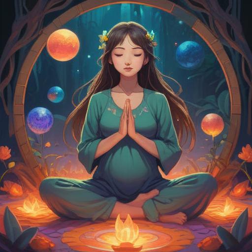 A serene and ethereal representation of spiritual intuition in pregnancy, soft glowing light surrounding a woman in a meditative pose, symbols of fertility and growth represented by flowers and gentle waves, a calming color palette of pastel blues and pinks, surrounded by nature with a backdrop of soft clouds and gentle breezes, conveying a sense of peace and anticipation, 4k