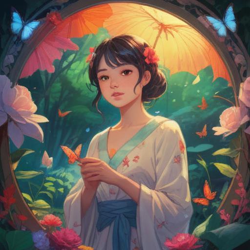 A spiritual and serene illustration of a woman surrounded by soft ethereal light, gentle nature elements like flowers and butterflies, a glowing aura representing positive energy, symbolic imagery such as a fetus or baby animals hinting at new beginnings, peaceful atmosphere, delicate color palette, mindfulness and tranquility, 4k