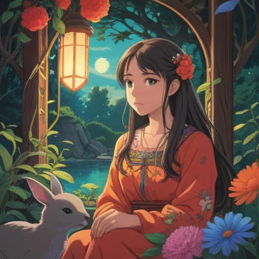 A serene scene depicting a woman in contemplation, surrounded by gentle light and nature, symbolic elements like baby animals and blooming flowers, ethereal aura, mindful expression, peaceful atmosphere, soft pastel colors, spiritual connection, 4k