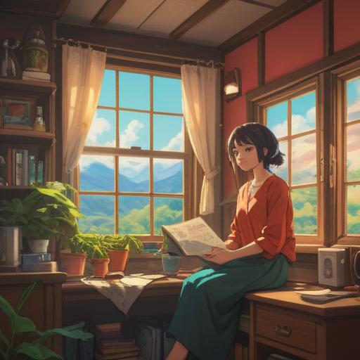 A serene and nurturing scene depicting a woman in a cozy home environment, surrounded by nature, gentle sunlight filtering through the window, engaged in self-care activities like reading a book and journaling, soft cushions and plants around, reflecting the calm and thoughtful times during pregnancy awareness, warm and inviting ambiance, 4k