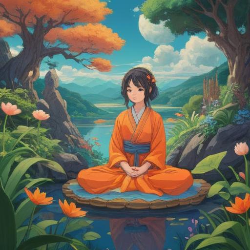 A serene and reflective illustration, ethereal landscape, symbolic imagery of growth and transformation, delicate flowers representing fertility, a figure in meditation, soft light radiating from within, a sense of acceptance and spiritual awakening, harmonious colors, 4k