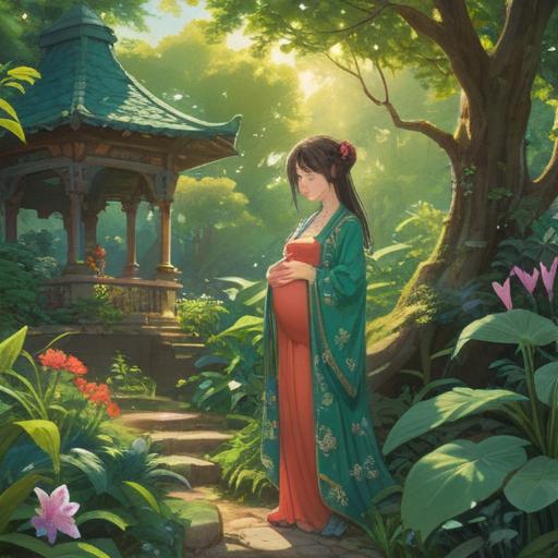 A serene and peaceful scene depicting a tranquil garden, soft sunlight filtering through lush greenery, symbols of growth and renewal, a pregnant woman meditating, surrounded by blooming flowers and butterflies, a sense of hope and spiritual connection, gentle colors, harmonious atmosphere, visualization of inner strength and acceptance, 4k