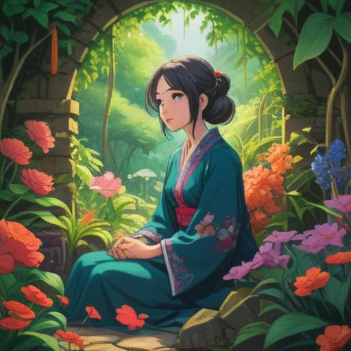 A serene and contemplative scene, a woman sitting quietly in a lush garden, surrounded by blooming flowers and vibrant greenery, reflecting on her thoughts, ethereal glow surrounding her, symbolic elements like butterflies and gentle breezes, a sense of calm and introspection, spiritual energy visualized as soft light, tranquil atmosphere, deep connection with nature, 4k