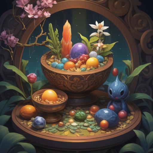 A serene still life composition, featuring lucky items for fertility, such as a delicate fertility statue, charm bracelets, and healing crystals, arranged on a wooden table, soft natural light illuminating the scene, hints of greenery in the background, tranquil atmosphere, inviting textures, 4k