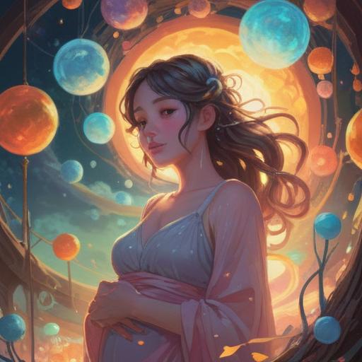 A serene and mystical illustration, depicting a radiant pregnant woman surrounded by glowing orbs of light, soft pastel colors, ethereal atmosphere, symbols of fertility and growth, lush garden in the background, peaceful expression, gentle floral motifs, harmony with nature, 4k