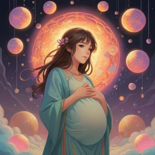 A serene and mystical scene depicting a pregnant woman surrounded by ethereal light, glowing orbs representing spiritual signs, soft pastel colors, a peaceful garden setting filled with blooming flowers and gentle breezes, symbols of guidance like feathers and crystals nearby, harmonious atmosphere, dreamlike quality, illustrating the connection between motherhood and spirituality, 4k