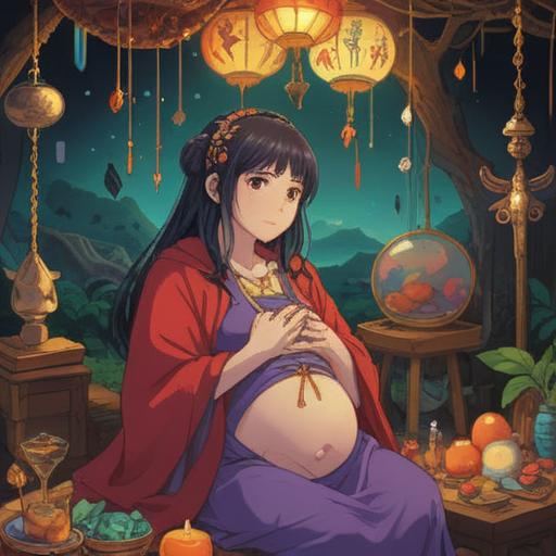 A vibrant illustration of a pregnant woman surrounded by various lucky items, colorful talismans hanging around her, a serene atmosphere with soft lighting, nature elements like blooming flowers and gentle sunlight, focus on the woman's joyful expression and comforting surroundings, 4k