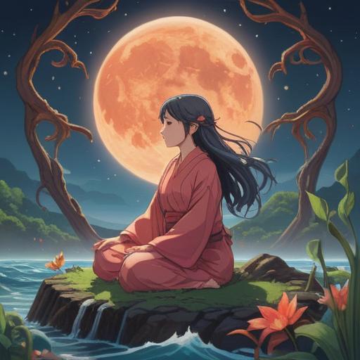 A serene and ethereal landscape, a figure meditating under a glowing full moon, surrounded by gentle energy waves, symbols of fertility and life intertwined with spiritual motifs, a peaceful connection to the universe, soft pastel colors, harmonious aura, representation of choice and empowerment, 4k
