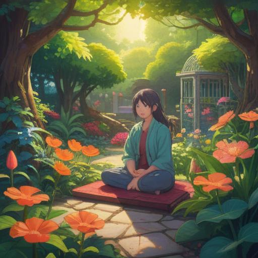 A serene illustration representing spiritual growth, a peaceful garden with blooming flowers, soft light filtering through leaves, a figure meditating surrounded by nature, symbols of balance and harmony, ethereal aura, gentle colors, conveying positivity and enlightenment, 4k