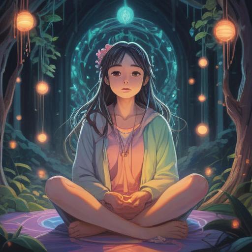 A tranquil illustration of a serene woman sitting in a meditative pose, surrounded by ethereal lights and symbolism, soft pastel colors, gentle flowing energy, celestial patterns around her, reflections of intuition and awareness, elements of nature like flowers and butterflies, capturing moments of spiritual guidance, calm and reflective atmosphere, 4k