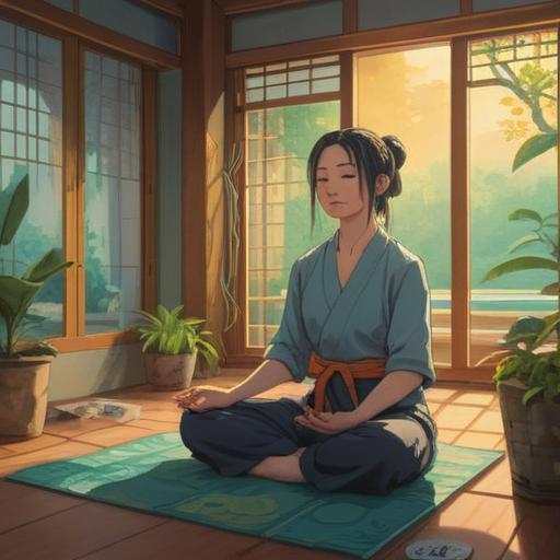 A serene and peaceful illustration of a tranquil indoor setting, a woman meditating with closed eyes, surrounded by soft natural light, a cozy room filled with plants and calming decor, books on mindfulness and self-care scattered around, a cup of herbal tea on a table, evoking a sense of balance and tranquility, warm color palette, gentle textures, inviting atmosphere, 4k