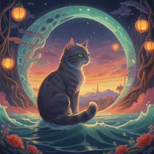 A serene illustration of a pregnant cat, surrounded by ethereal lights and gentle waves of energy, symbolic representations of motherhood and nurturing, a celestial background with soft pastel colors, harmonious and tranquil atmosphere, enchanting details like flowers and crystals, 4k