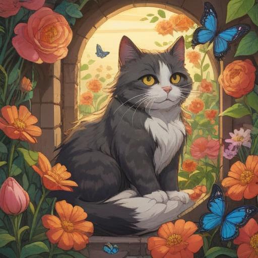 A serene scene of a pregnant cat nestled in a cozy, sunlit corner, surrounded by blooming flowers and gentle butterflies, symbolizing spiritual blessings and positive energy, with a peaceful ambiance that evokes hope and love, soft fur texture, tranquil expressions, 4k