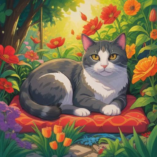 A pregnant cat lying in a serene garden, surrounded by vibrant flowers and gentle sunlight, symbols of fertility and intuition in the background, a peaceful aura enveloping the scene, an ethereal glow radiating from the cat, subtle signs of spirituality and connection to nature, animals representing guidance and protection, high detail illustration, 4k