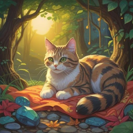 A serene scene depicting a pregnant cat resting comfortably, surrounded by sparkling lucky stones, warm sunlight filtering through leaves, gentle expressions, soft fur texture, inviting atmosphere, whimsical details, 4k
