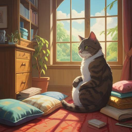 A serene illustration of a pregnant cat sitting peacefully in a sunlit room, gentle sunlight streaming through the window, surrounded by soft pillows and blankets, the cat gazing out with calm eyes, symbolizing love and nurturing, embracing the beauty of motherhood, soft pastel colors, warm and inviting atmosphere, detailed fur texture, 4k