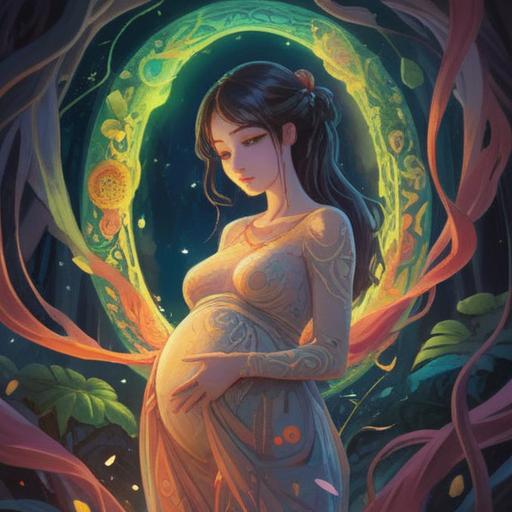 A serene and ethereal illustration, representing the spiritual significance of pregnancy, glowing light surrounding a pregnant figure, symbols of fertility and creation, natural elements like flowers and trees, soft pastel colors, peaceful atmosphere, connection to nature and the universe, harmonious energy, 4k