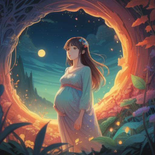 A serene and uplifting illustration, a glowing pregnant figure surrounded by ethereal light, symbolizing spiritual connection, soft pastel colors, nature elements like blooming flowers and gentle clouds, a sense of harmony and peace, warm and inviting atmosphere, capturing the essence of spiritual signs during pregnancy, 4k