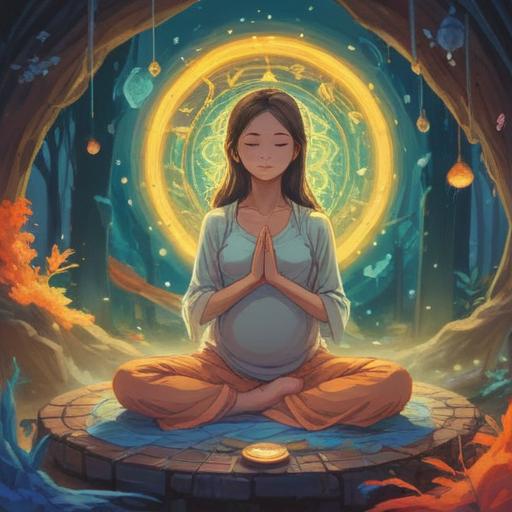 A serene and calm scene depicting a pregnant woman meditating, surrounded by ethereal light, gentle aura signs, symbolic representations of intuition and spiritual guidance, nature elements like flowers and trees symbolizing growth and nurture, soft pastel colors, peaceful atmosphere, mystical energy, 4k