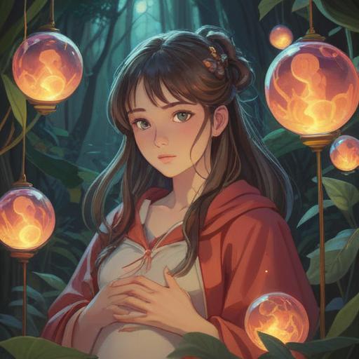 A serene and mystical illustration, soft ethereal light, a pregnant woman surrounded by glowing orbs, nature in harmony, symbolic elements representing intuition and spiritual awakening, gentle flowing robes, a peaceful aura, warm pastel colors, 4k