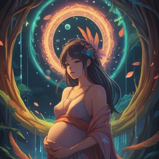 A serene and mystical illustration, featuring a glowing aura around a pregnant woman, symbols of spirituality like feathers and water droplets, soft pastel colors, nature elements like flowers and trees, a sense of introspection and awareness, a peaceful environment, ethereal light, 4k