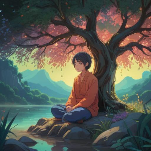 A serene illustration of a peaceful figure meditating under a luminous tree, gentle streams of energy flowing around, a subtle hint of emotional turmoil in the expression, soft light illuminating the scene, emphasis on connection with one’s inner self, the presence of symbolic elements linked to spirituality, nature surrounding the figure, 4k