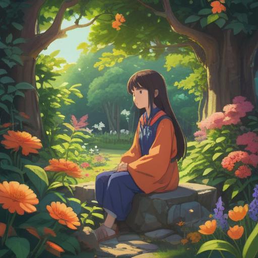 A serene and calming illustration depicting a person sitting peacefully in a tranquil garden, soft sunlight filtering through the leaves, surrounded by blooming flowers, expression of relief and contentment on their face, gentle breeze rustling the trees, emphasizing emotional healing and support, warm and inviting colors, peaceful ambiance, 4k