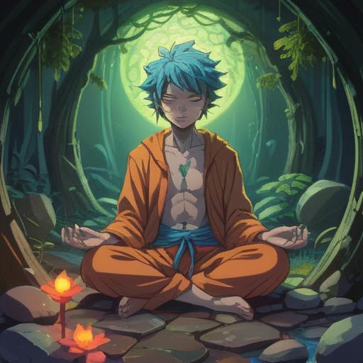 A serene and mystical illustration, representing the spiritual meaning of urinary stones, symbolic elements like light and shadows, a person meditating in a tranquil setting, surrounded by healing crystals and flowing water, ethereal atmosphere, vibrant colors representing energy flow, imagery of transformation and renewal, 4k