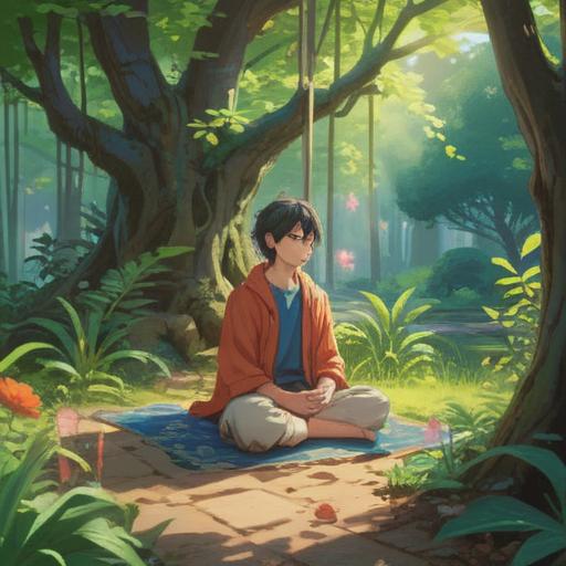 A serene illustration depicting a peaceful morning routine, a person meditating in a tranquil garden, gentle sunlight filtering through trees, symbols of mindfulness and wellness, elements of yoga and healthy habits, soothing colors, balance between mind and body, harmonious atmosphere, 4k